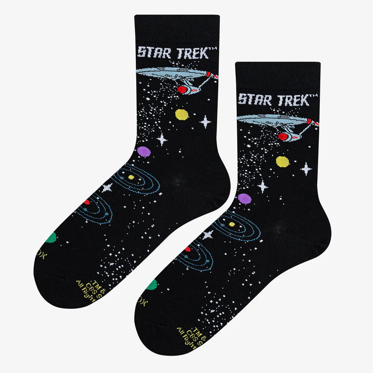 Men's Star Trek crew socks, flat lay front view with galaxies