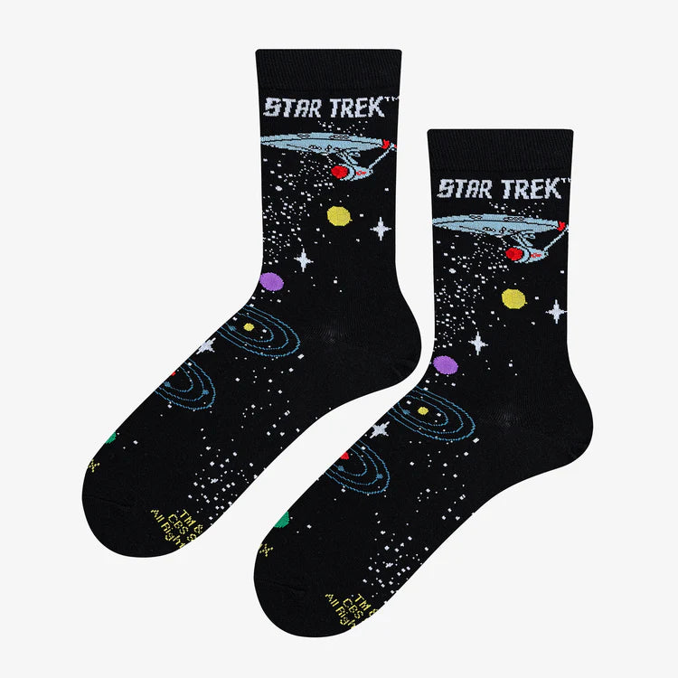 Women's Star Trek crew socks, flat lay front view with galaxies