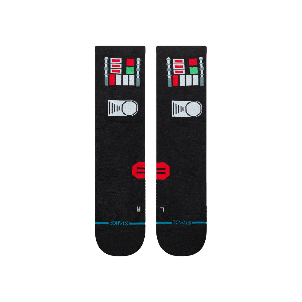 Men's Darth Vader black crew socks, flat front view of control panel buttons and lights