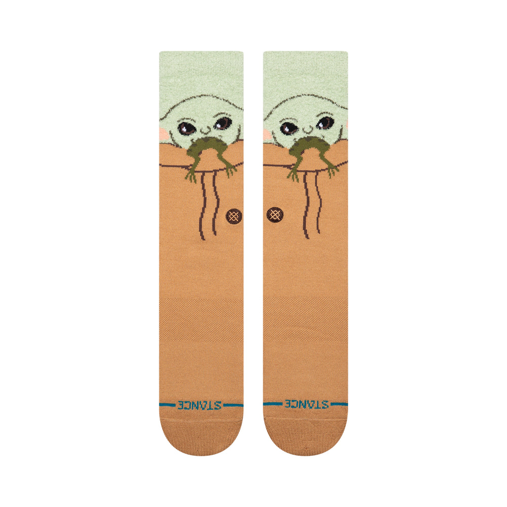 Men's Grogu green and tan crew socks, flat front view of full character design