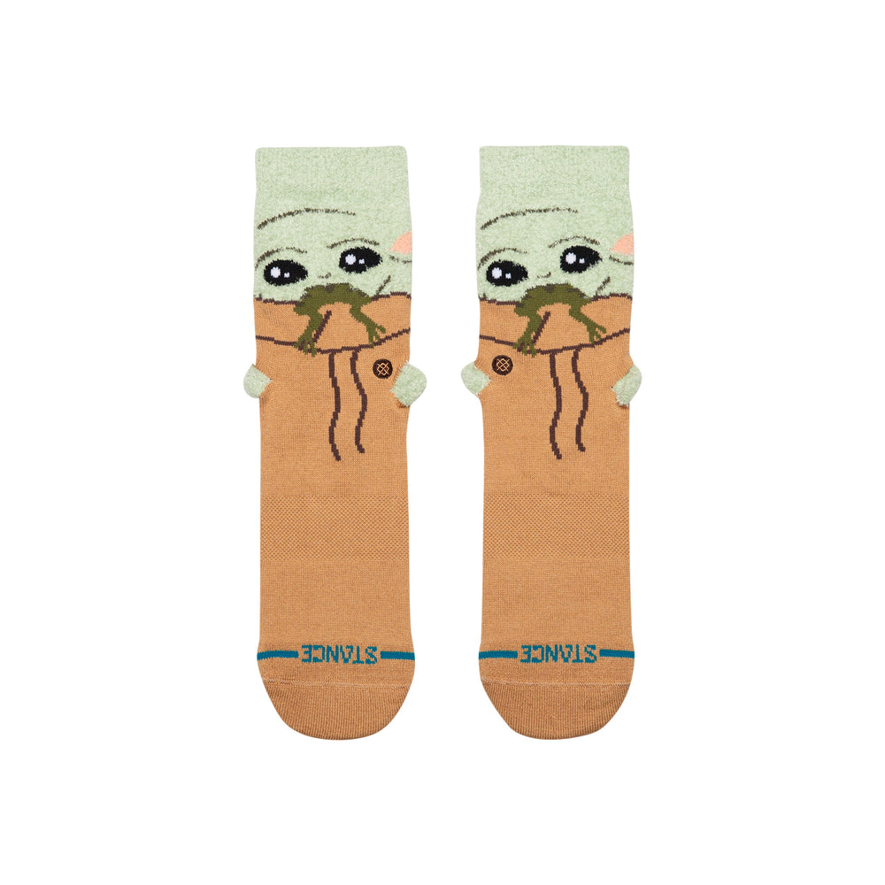 Kids' Grogu fuzzy crew socks, flat front view of full character design