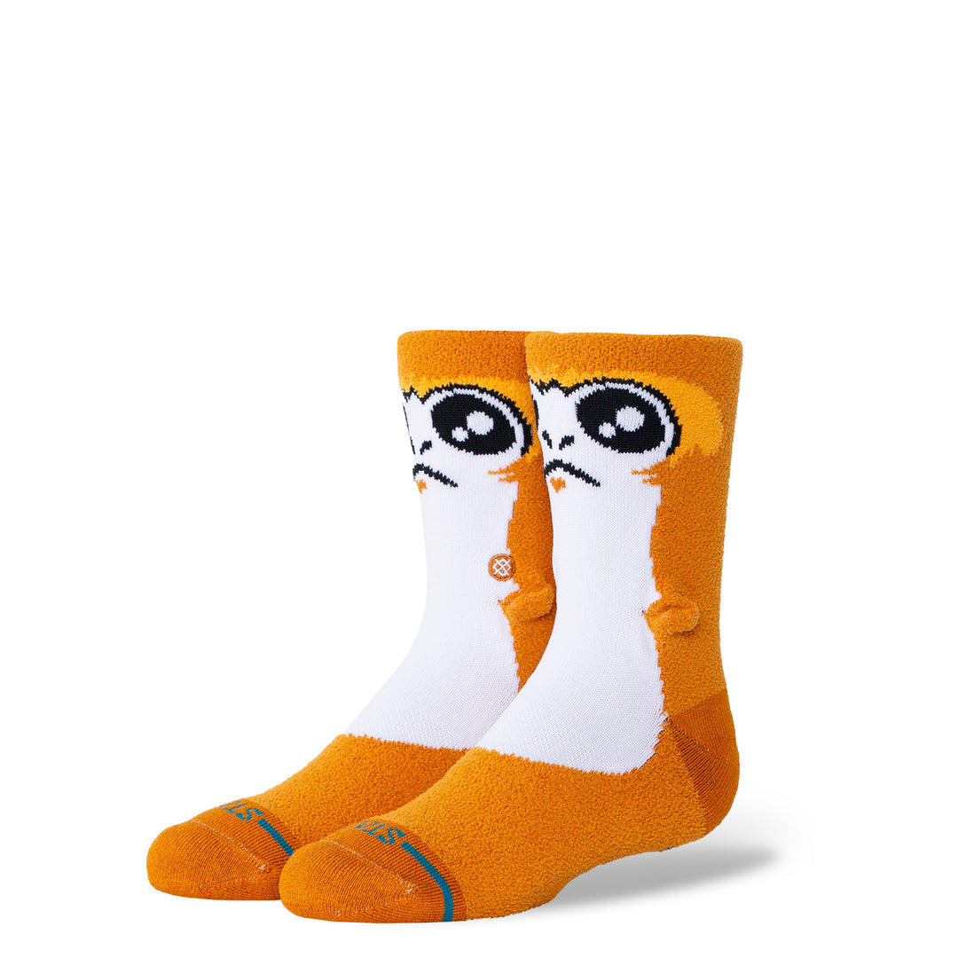 Kids' Star Wars Porg fuzzy orange crew socks, angled view of Porg face and white belly