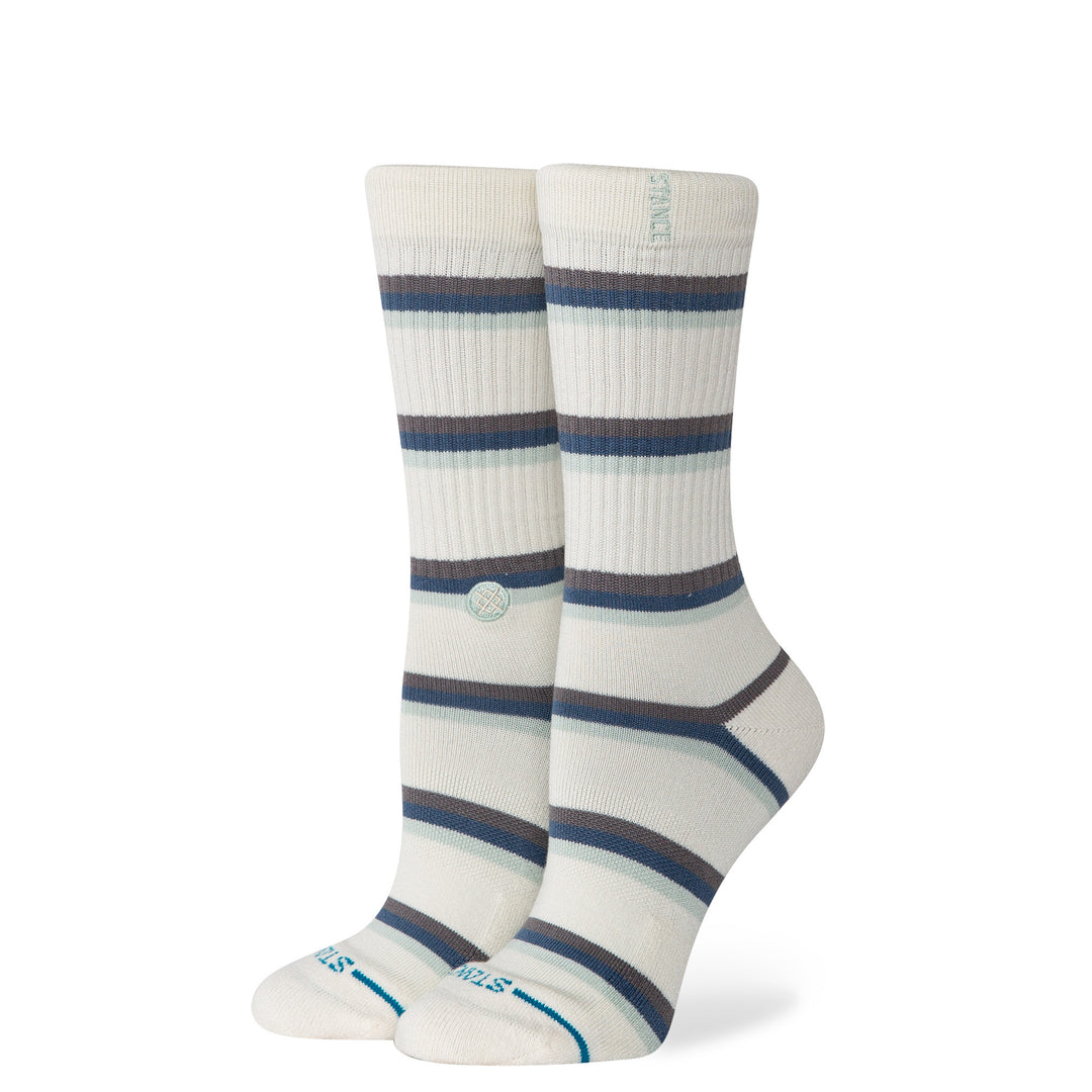 Women's ivory striped crew socks, angled view of navy, charcoal and sage stripes