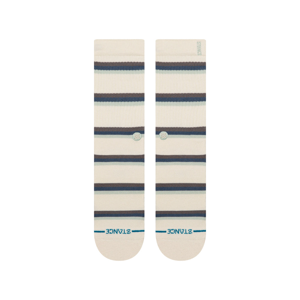 Women's ivory striped crew socks, flat front view of horizontal stripe pattern