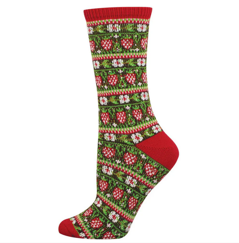Women's strawberry season sweater crew socks in green and red, flat lay side view