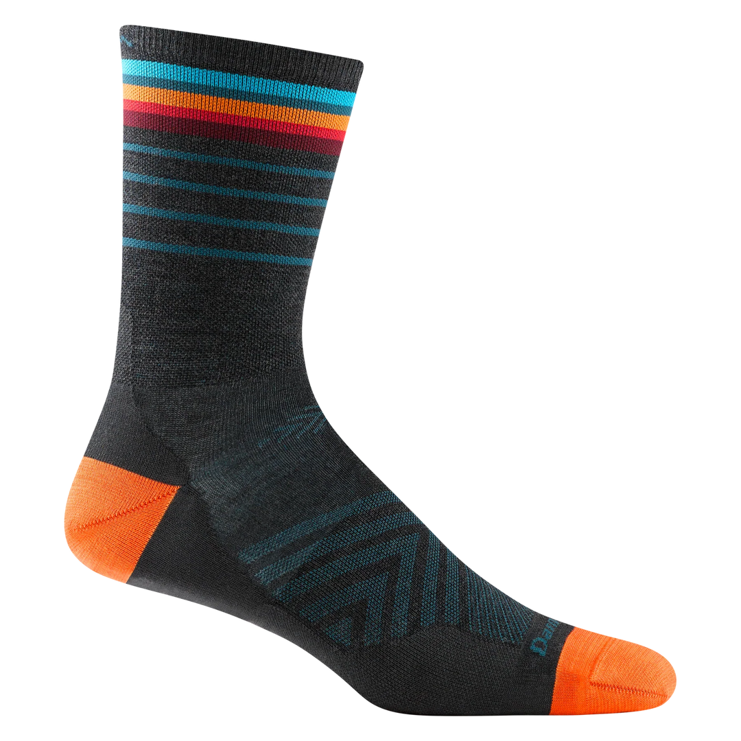 Men's lightweight micro crew sock, flat shot, charcoal with rainbow stripe cuff and orange heel