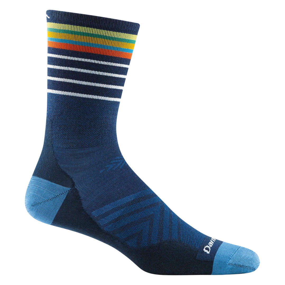 Men's lightweight micro crew sock, flat shot, navy with rainbow stripe cuff and blue heel