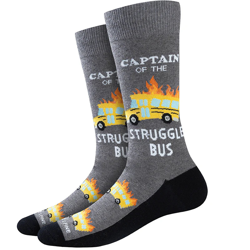Men's gray crew sock, flat front view with a flaming yellow bus and 'Captain of the Struggle Bus' text