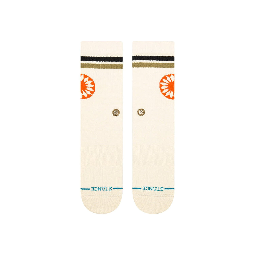 Men's cream crew socks with pinwheel motif, front flat shot