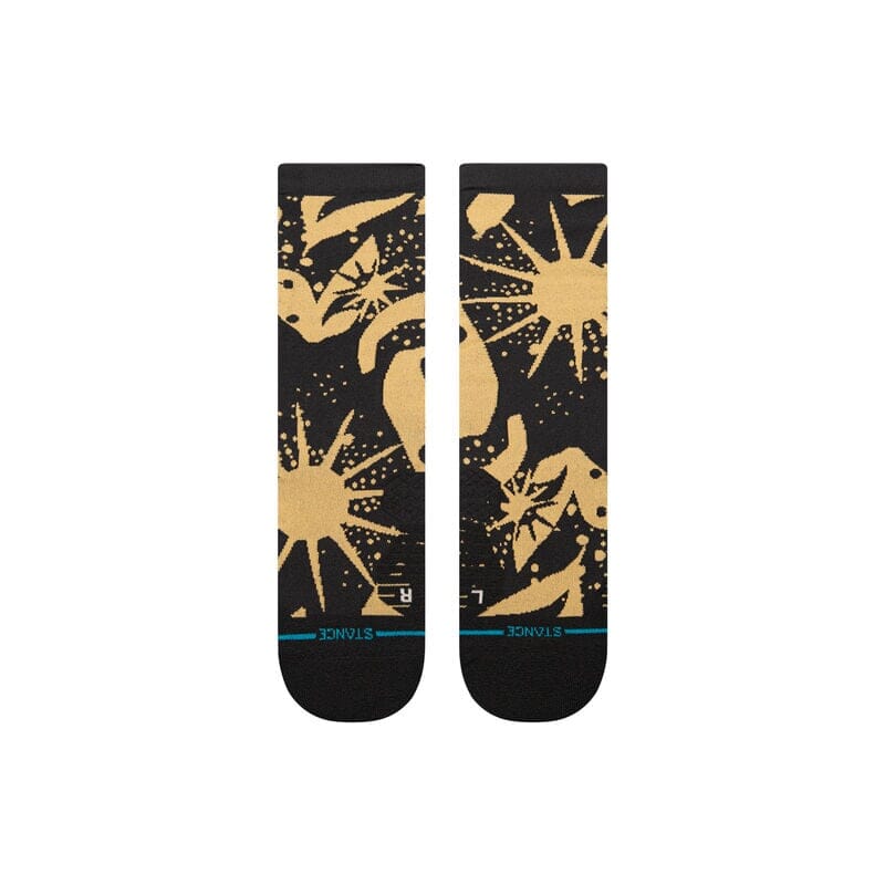 Women's golden sunburst crew socks, flat back view with speckle pattern