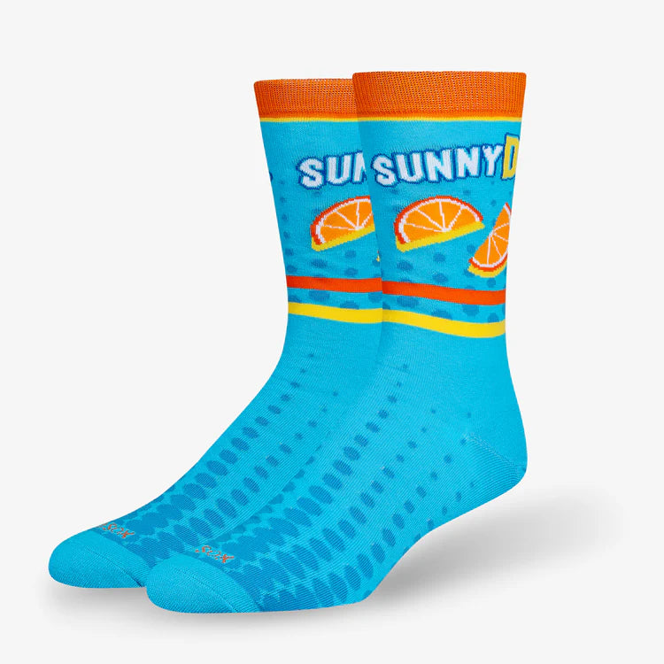 Men's Sunny D crew socks, angled view showing logo and orange slices