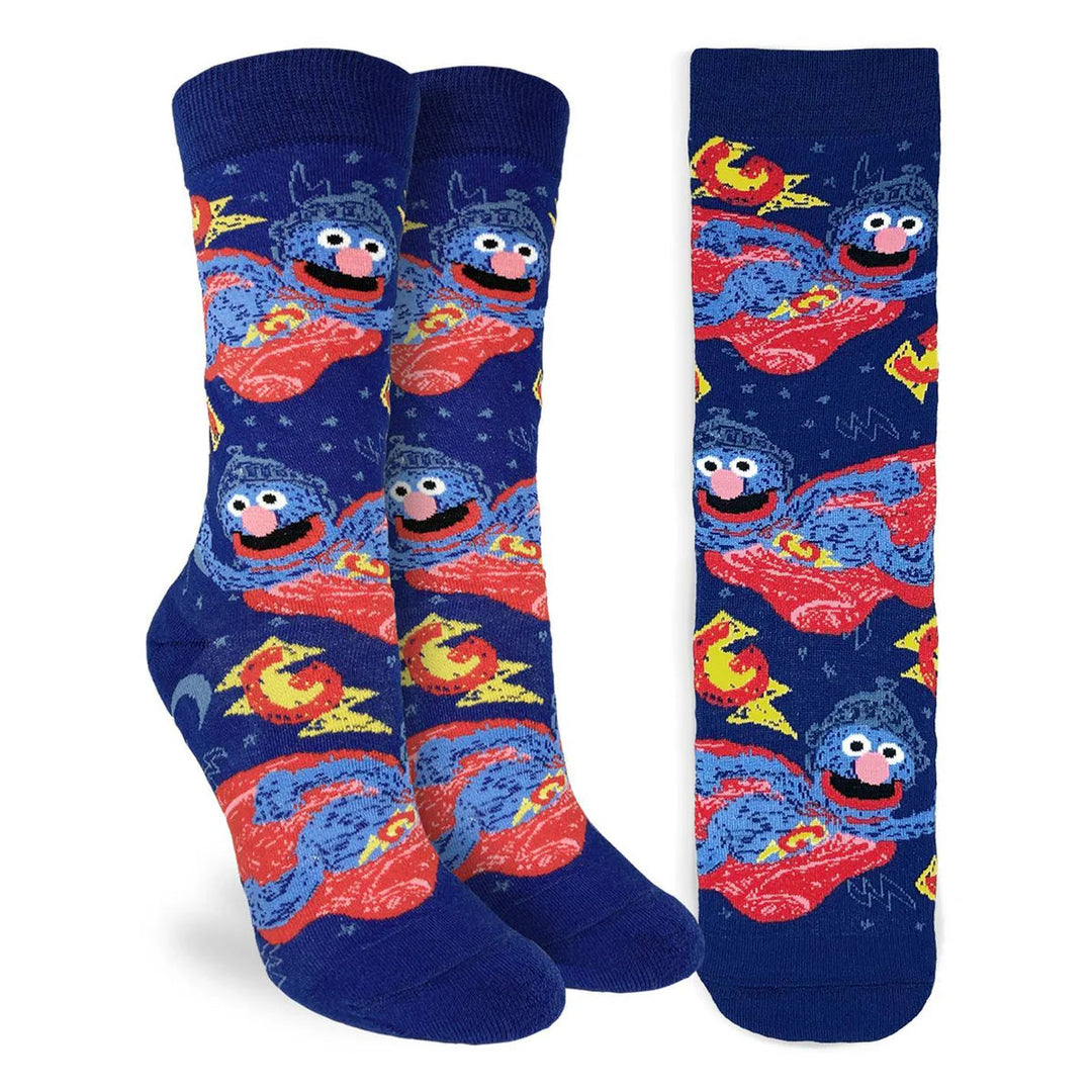 Women's Super Grover crew socks in navy with the caped blue monster, packaging view
