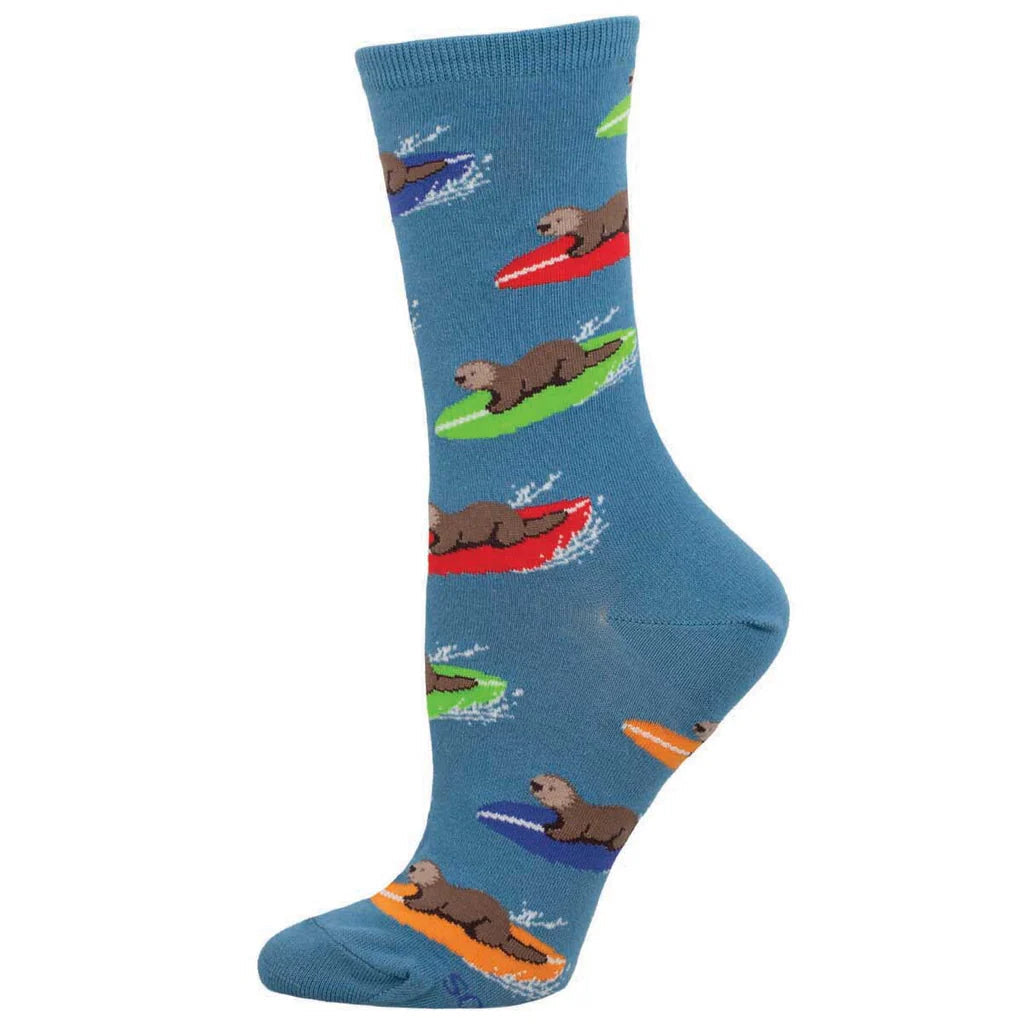 Women's surfing otter crew sock in blue, flat product shot