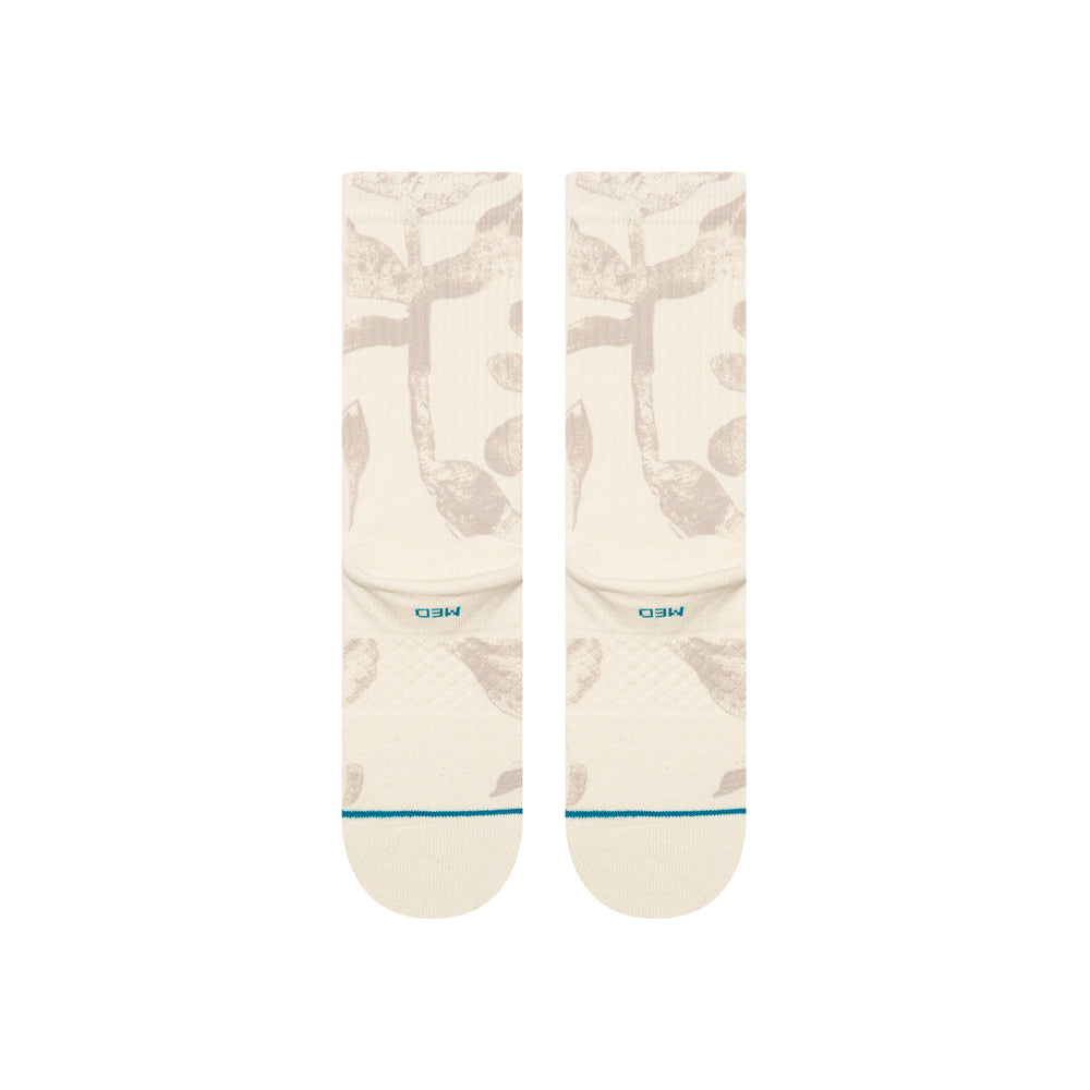 Men's leaf-print crew socks, flat back pair view, grey foliage pattern on off-white