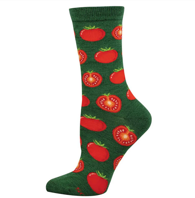 Women's tomato crew socks laid flat, green with whole and sliced red tomatoes