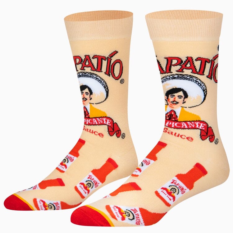 Men's Tapatío hot sauce crew socks, flat lay with charro label and bottles