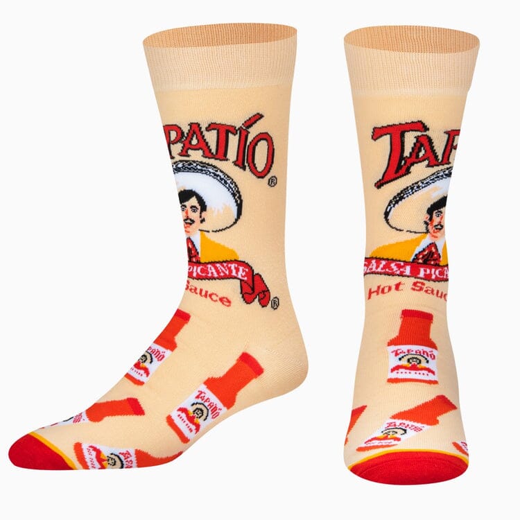 Men's Tapatío hot sauce crew socks, flat lay alternate angle of both socks
