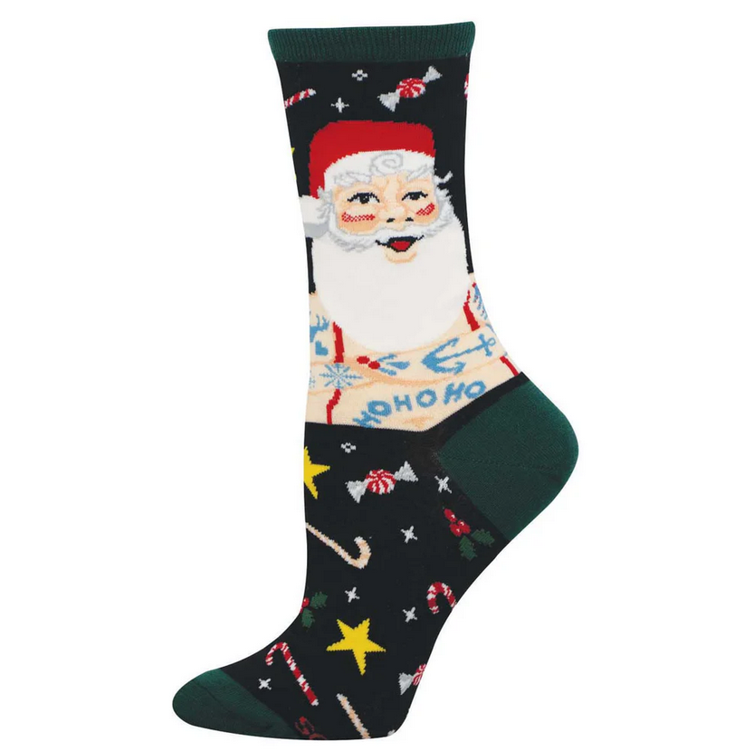 Women's bad Claus crew socks laid flat, black with a flexing retro pin-up Santa and candy canes and stars