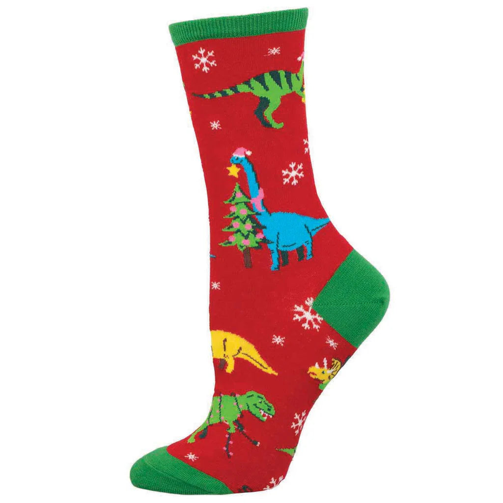 Women's Christmas dinosaur crew socks in red with Santa-hatted dinosaurs, worn on foot