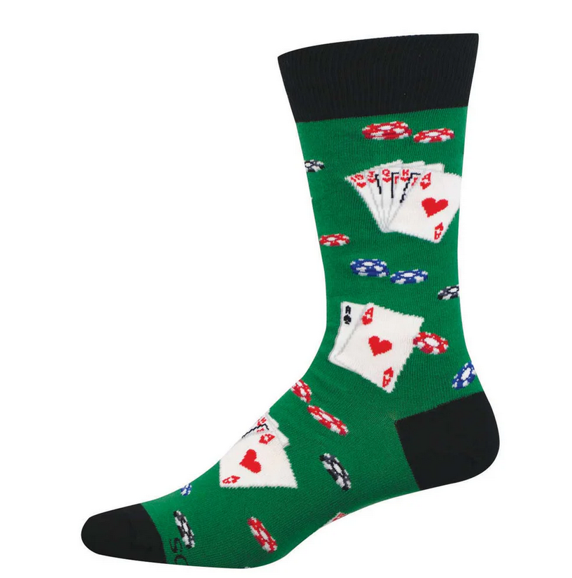 Men's poker crew socks laid flat, green with playing card hands and red, white, and blue poker chips