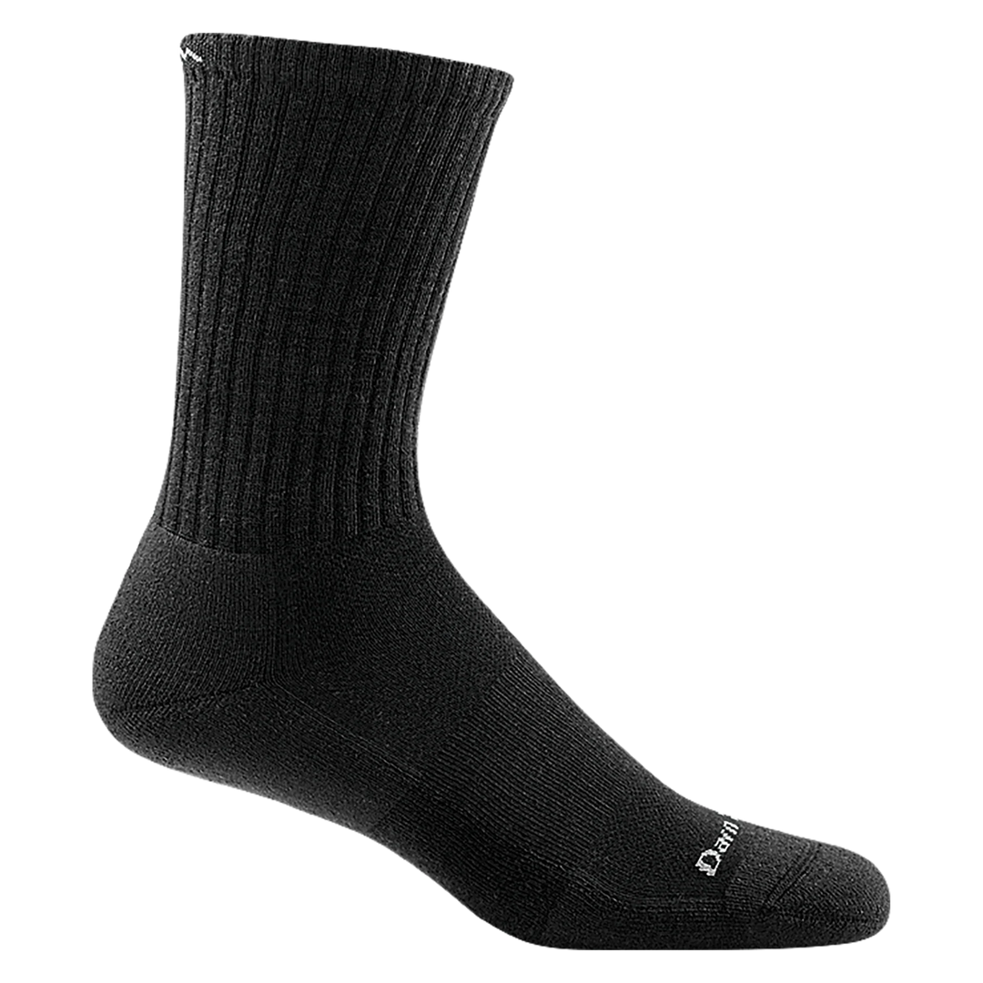 Men's solid black ribbed crew sock, flat product shot