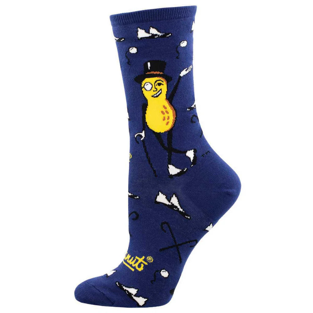 Women's navy Mr. Peanut crew socks, flat pair shot