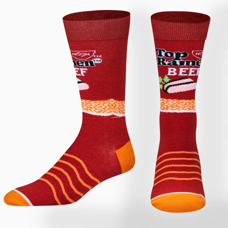Men's Top Ramen Beef crew socks, flat lay alternate angle of both socks