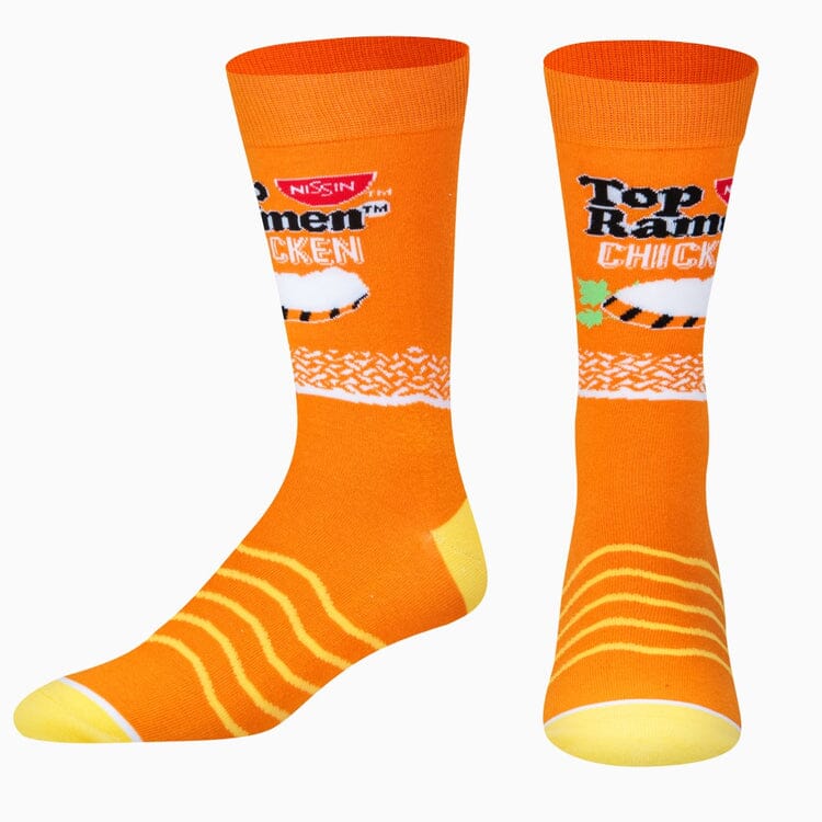 Men's Top Ramen Chicken crew socks, flat lay alternate angle of both socks