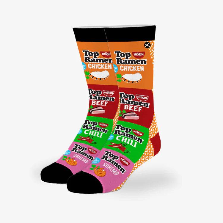 Kids' Top Ramen crew socks, worn front view showing stacked instant noodle packages