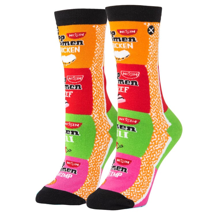 Women's Top Ramen crew socks, front view with stacked noodle packets