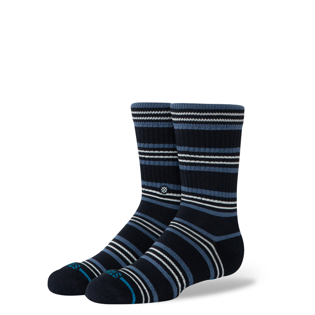 Kids' striped black crew socks, angled view with blue, white and grey stripes