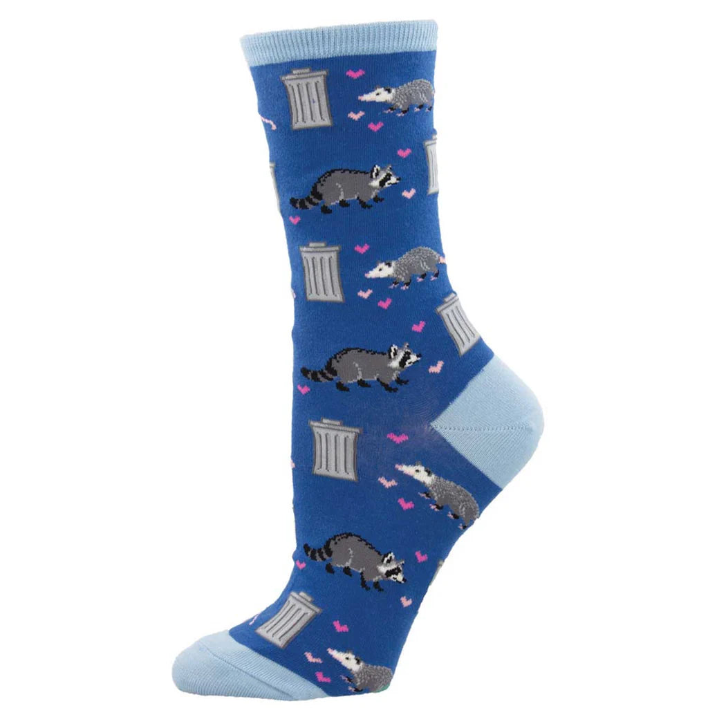 Women's raccoon and possum trash can crew sock in blue, flat product shot