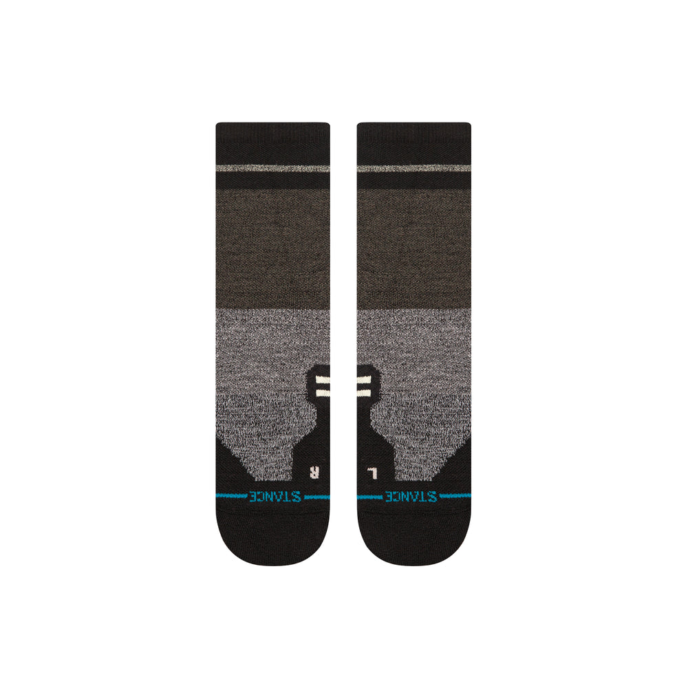 Men's black wool crew socks back flat view with grey heel and blue toe