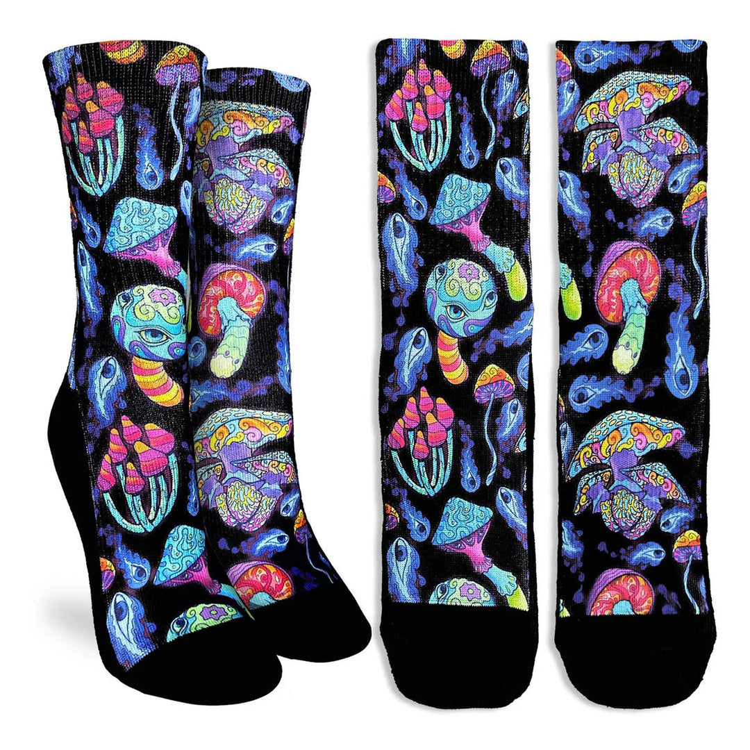 Women's trippy mushrooms crew socks in black with psychedelic neon mushrooms, flat and side view