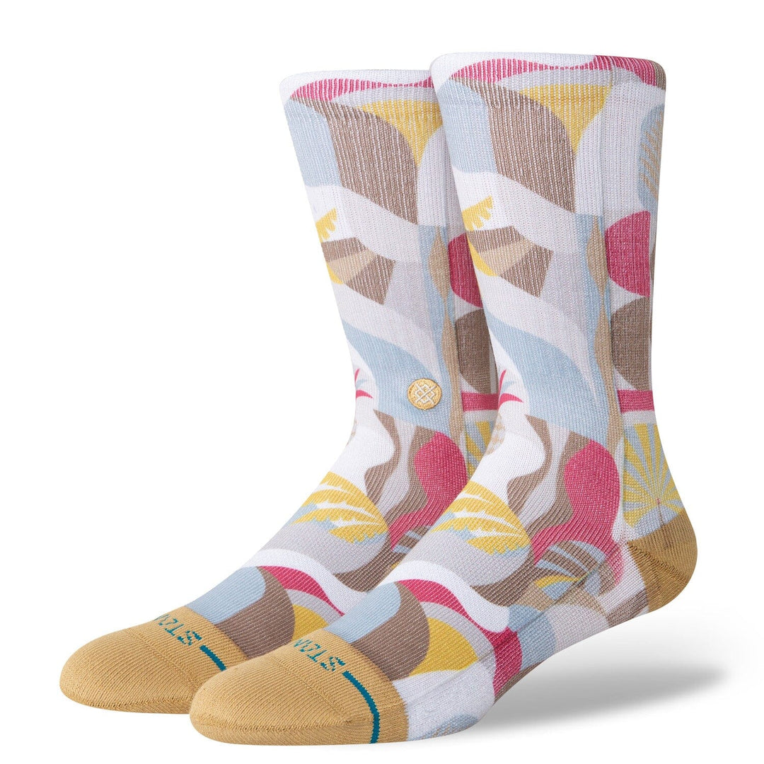 Men's tropical crew socks, front view with abstract palms and pineapples in pastels