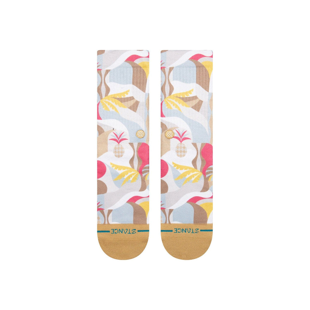 Men's tropical crew socks, back view showing pineapple and palm motifs