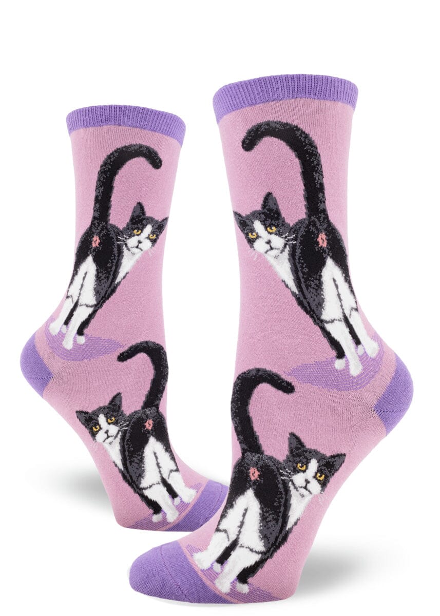 Tuxedo Cat Butt Mauve Crew Socks | Women's - Knock Your Socks Off