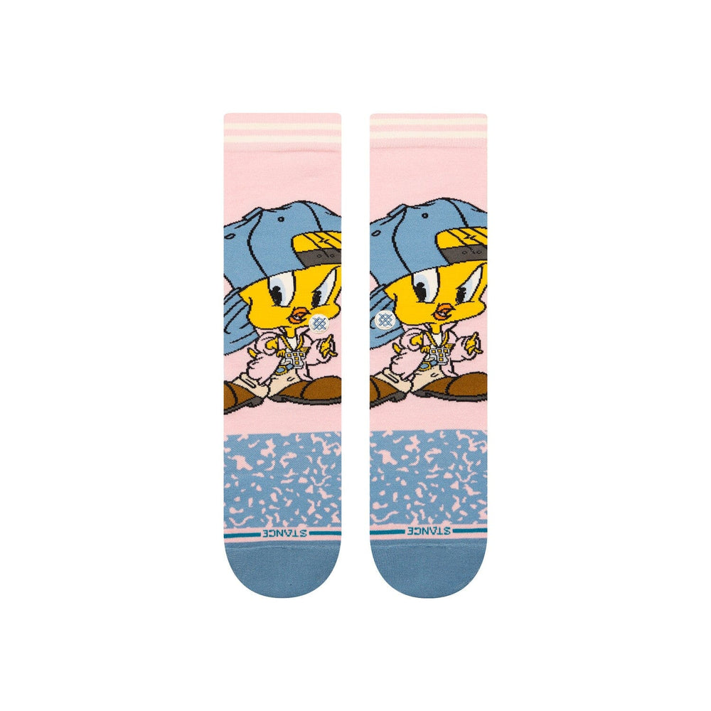 Women's pink Tweety Bird crew socks, front flat shot