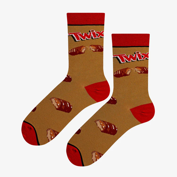 Women's Twix crew socks, flat lay front view with bar pattern