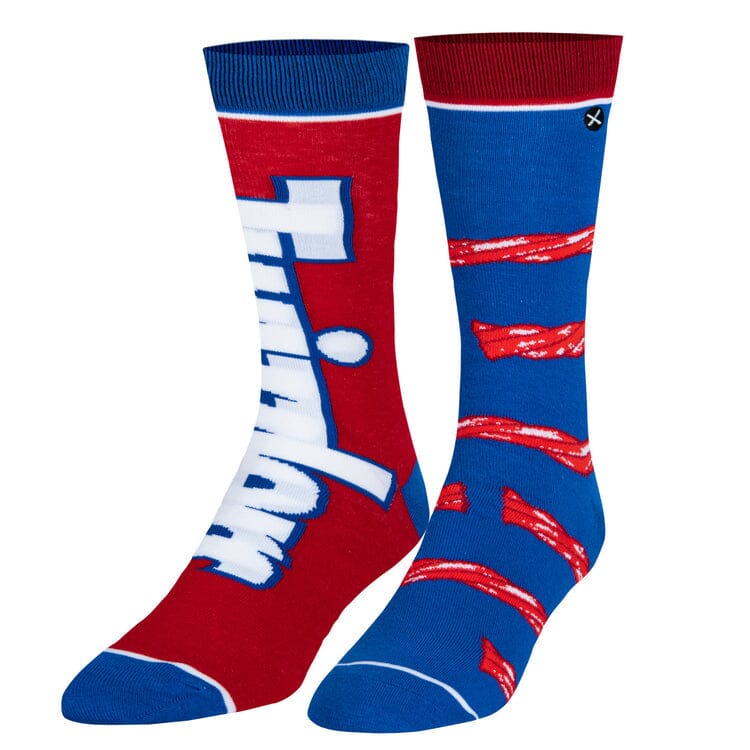 Men's Twizzlers crew socks, front view of the mismatched logo and licorice twist pair