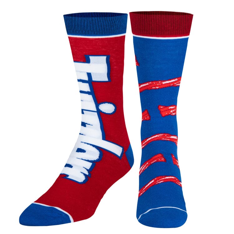 Men's Twizzlers crew socks, angled view showing both sock designs