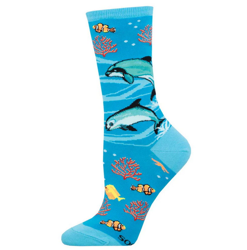 Women's vaquita porpoise crew socks in blue with porpoises and coral reef, flat lay single sock