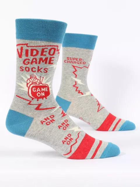 Men's grey video game crew socks reading Video Game Socks Game On