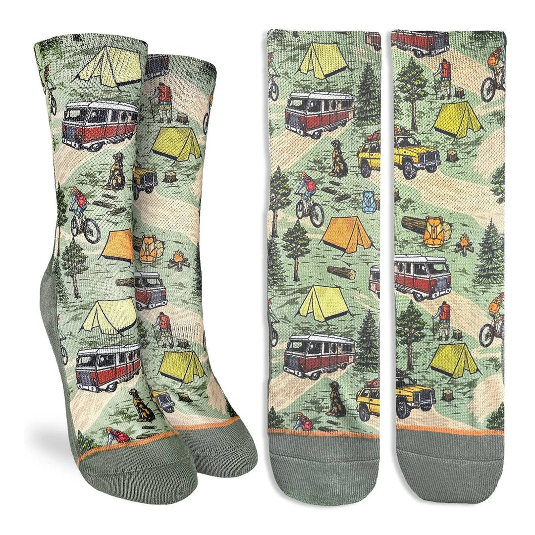 Women's vintage camping crew socks in sage with vans, tents and campfires, flat and side view
