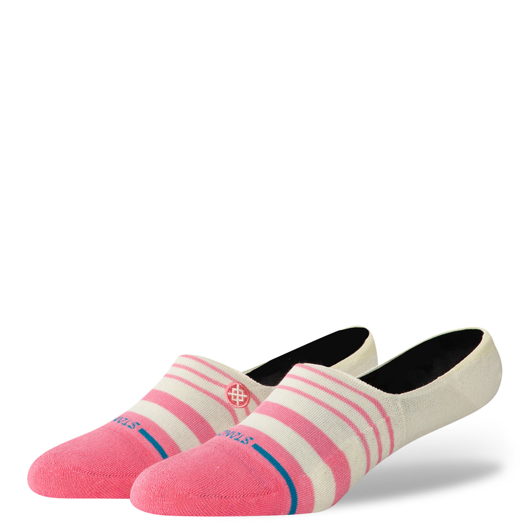 Women's pink striped no-show socks, worn angled view
