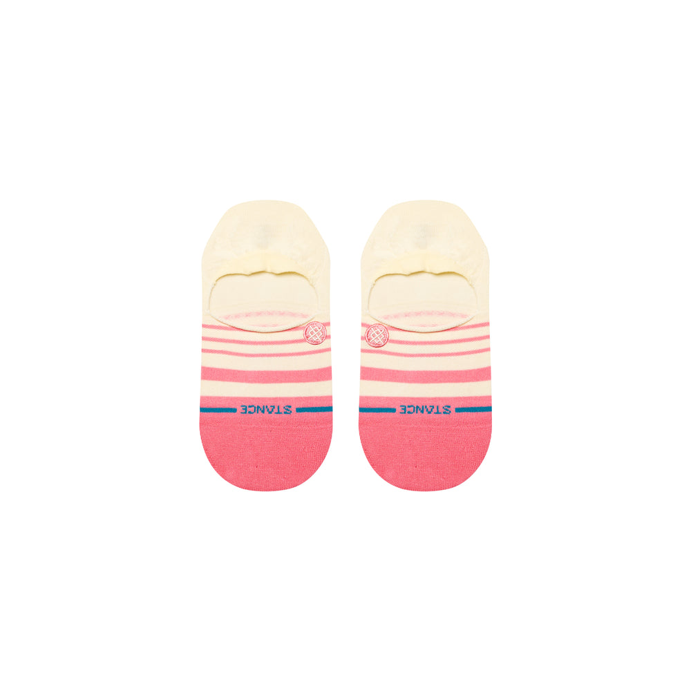Women's cream and pink no-show socks, flat top view with logo