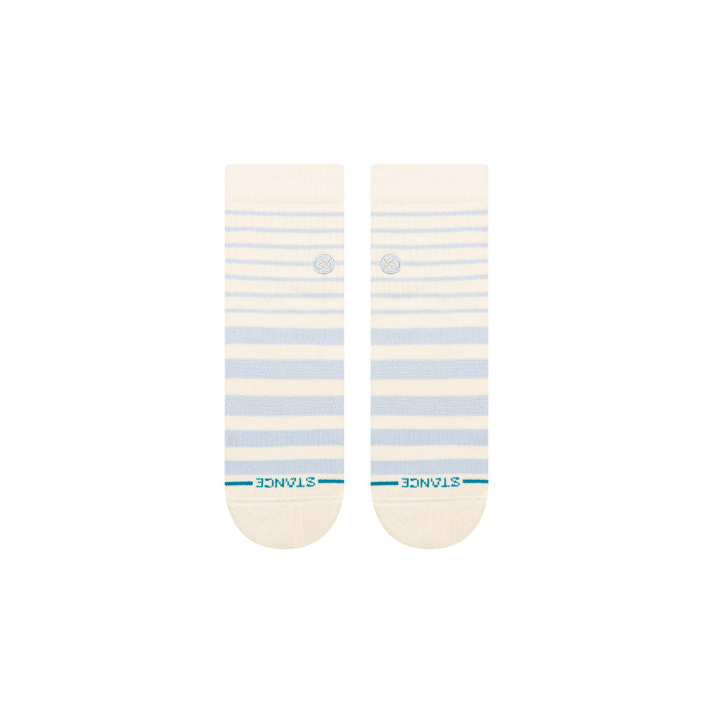 Women's ivory and blue quarter socks, flat front view with logo