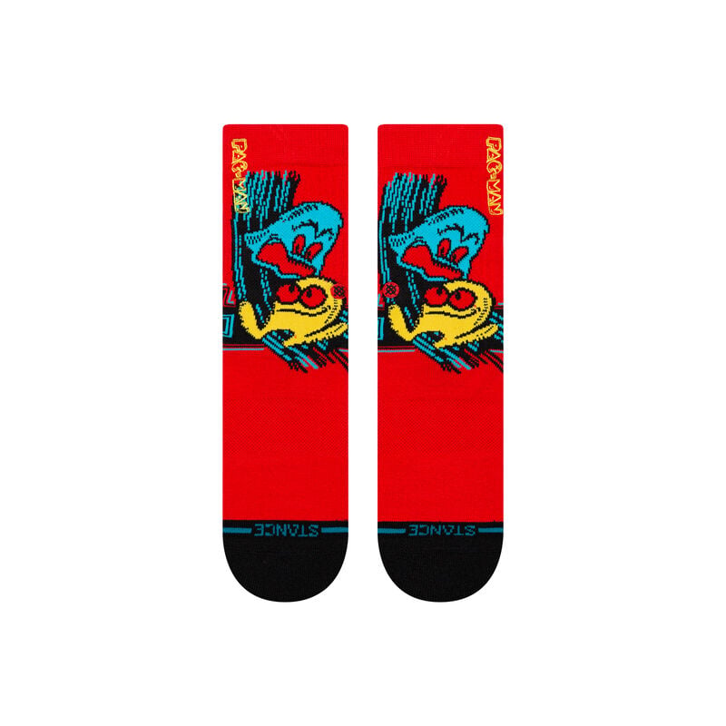 Kids' Pac-Man crew socks flat lay, back view with stacked logo