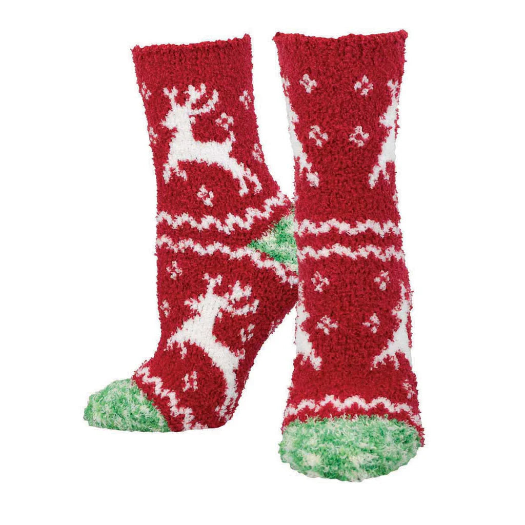 Women's fuzzy reindeer crew socks in red and white, shown as a pair