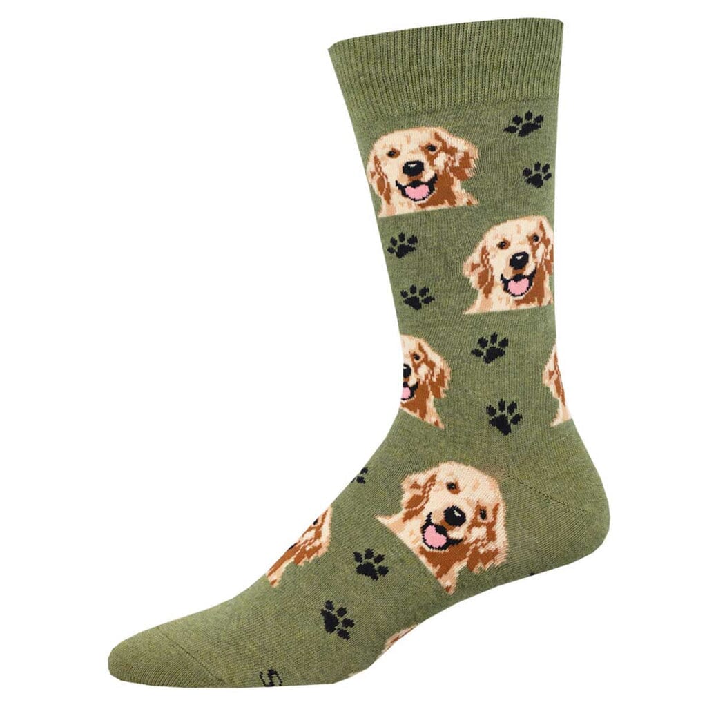 Men's Who's A Good Boy crew socks, flat side view, golden retriever faces and paw prints on green